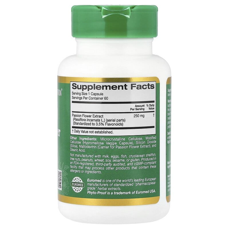 Supplement bottle labeled 'Passion Flower Extract' by EuroHerbs on a white background