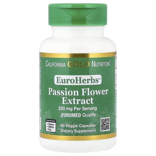Supplement bottle labeled 'Passion Flower Extract' by EuroHerbs on a white background