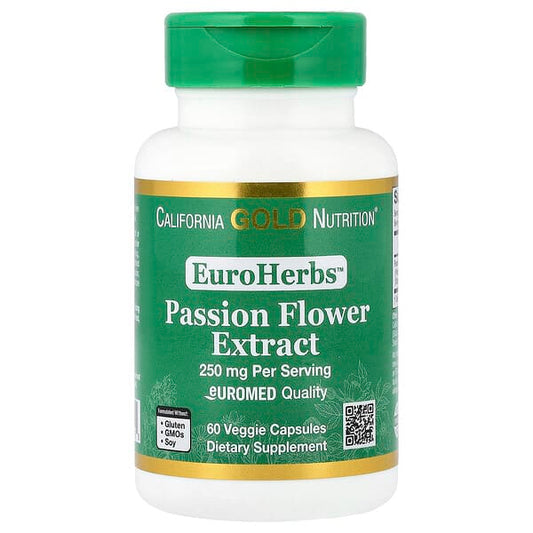 Supplement bottle labeled 'Passion Flower Extract' by EuroHerbs on a white background