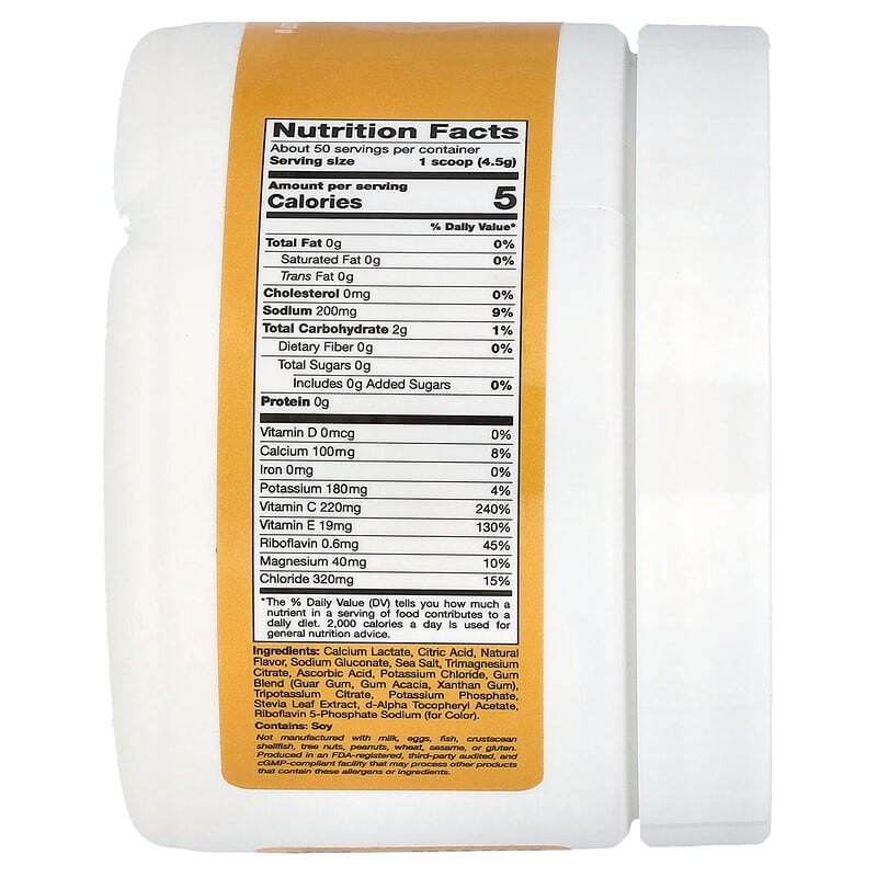 Nutrition facts label on a white container with a yellow background