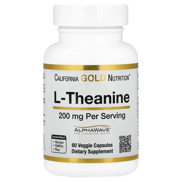 Supplement bottle labeled 'L-Theanine' by California Gold Nutrition on a white background