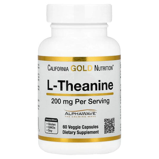 Supplement bottle labeled 'L-Theanine' by California Gold Nutrition on a white background