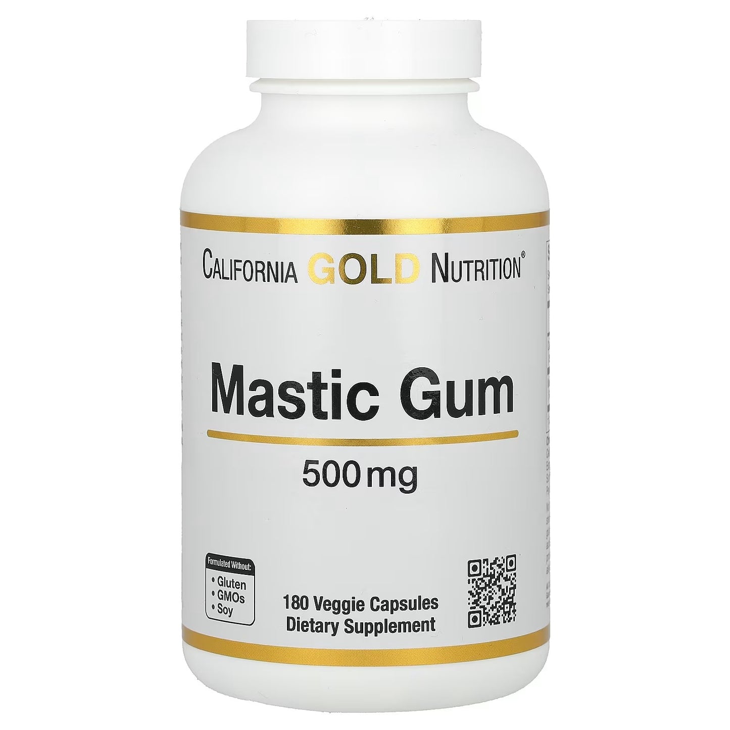 Supplement bottle labeled 'Mastic Gum' by California Gold Nutrition on a white background