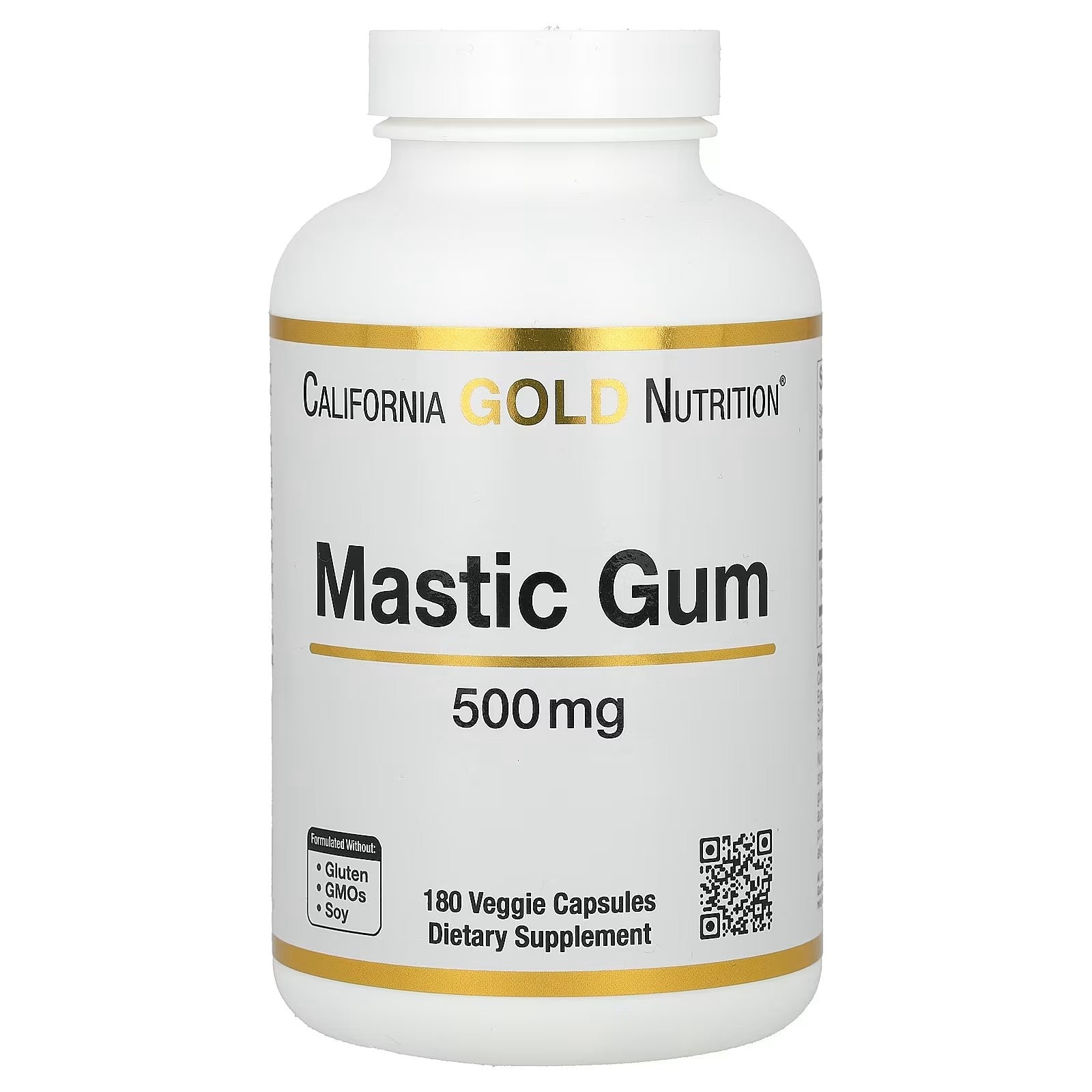 Supplement bottle labeled 'Mastic Gum' by California Gold Nutrition on a white background