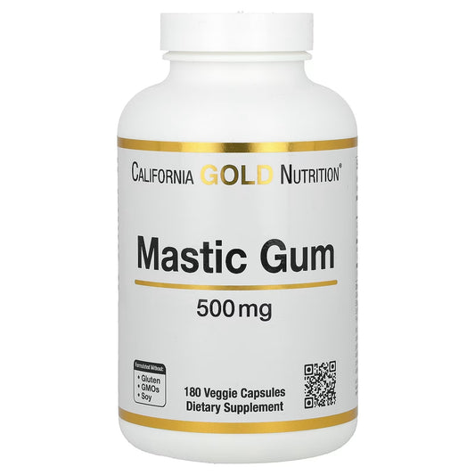 Supplement bottle labeled 'Mastic Gum' by California Gold Nutrition on a white background