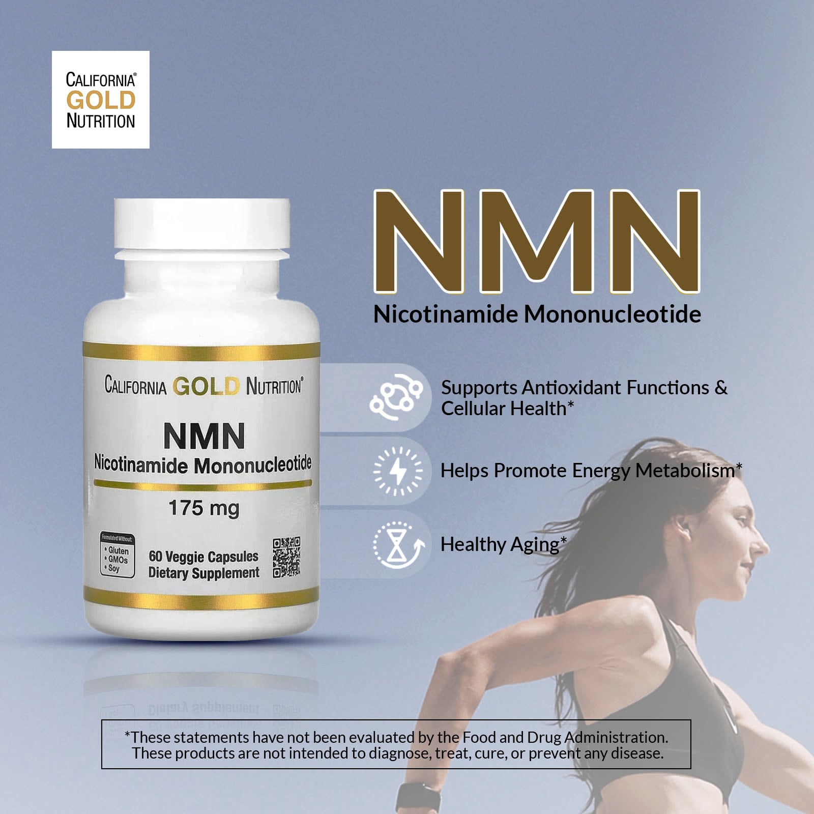 California Gold Nutrition NMN supplement bottle with a woman running on a light blue background