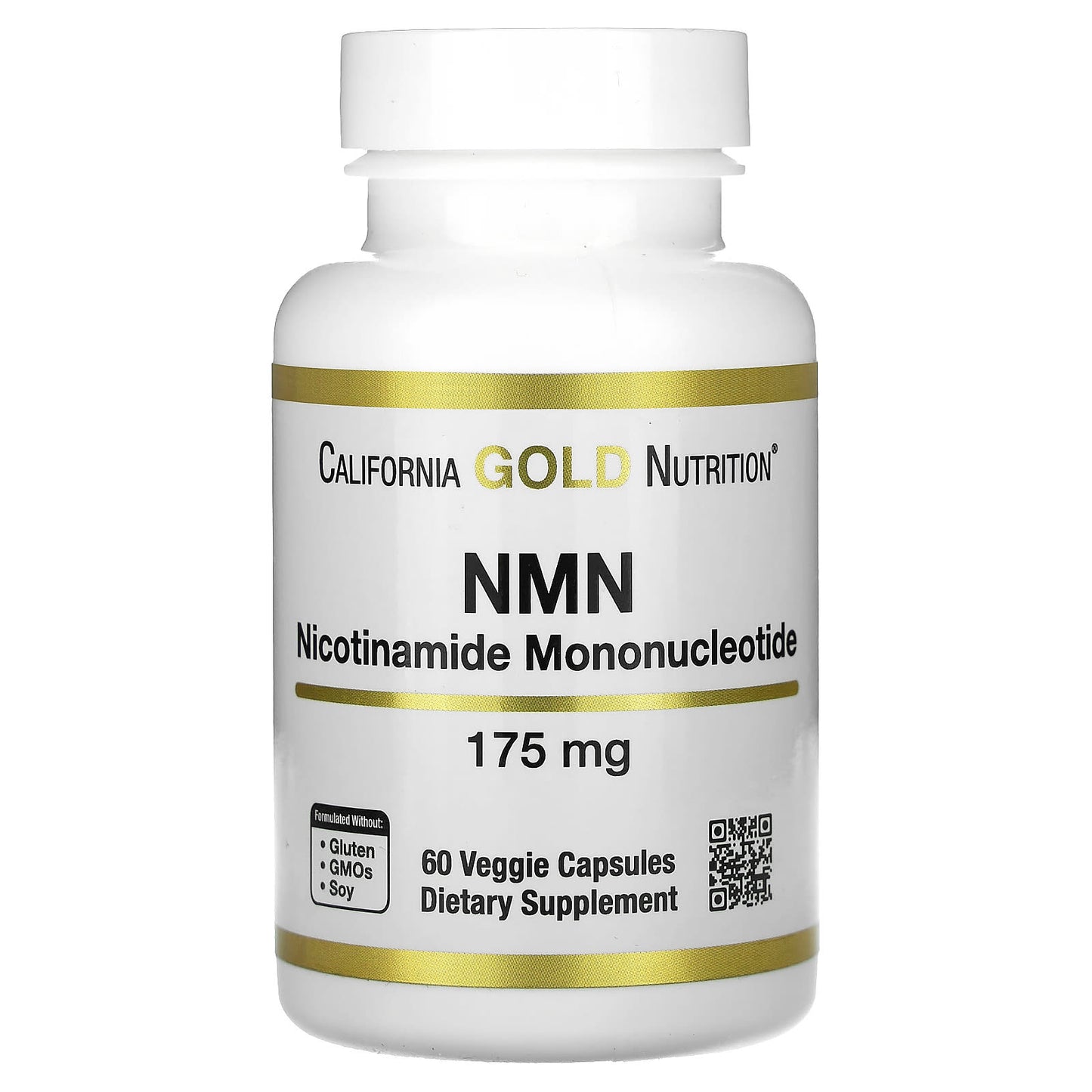Supplement bottle labeled 'NMN' by California Gold Nutrition on a white background