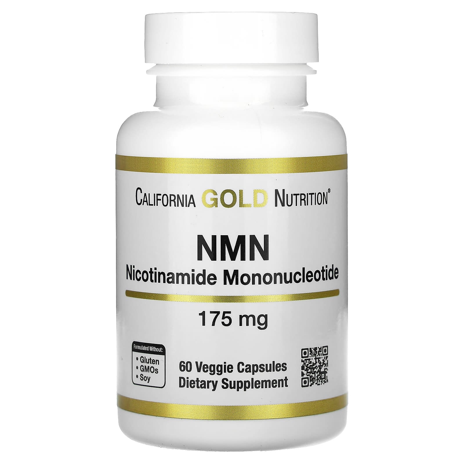 Supplement bottle labeled 'NMN' by California Gold Nutrition on a white background