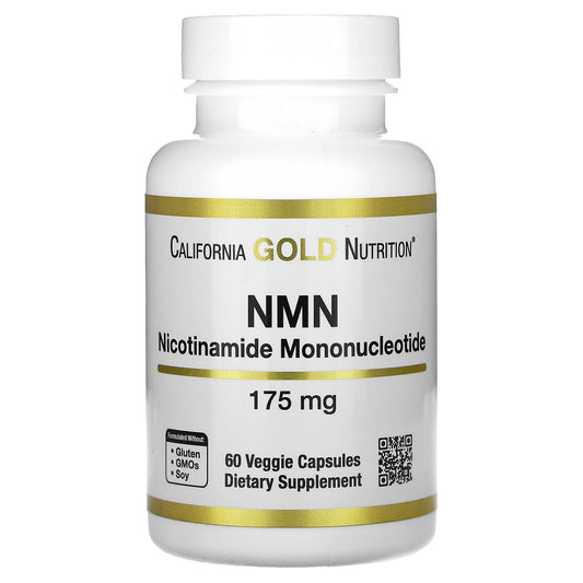 Supplement bottle labeled 'NMN' by California Gold Nutrition on a white background