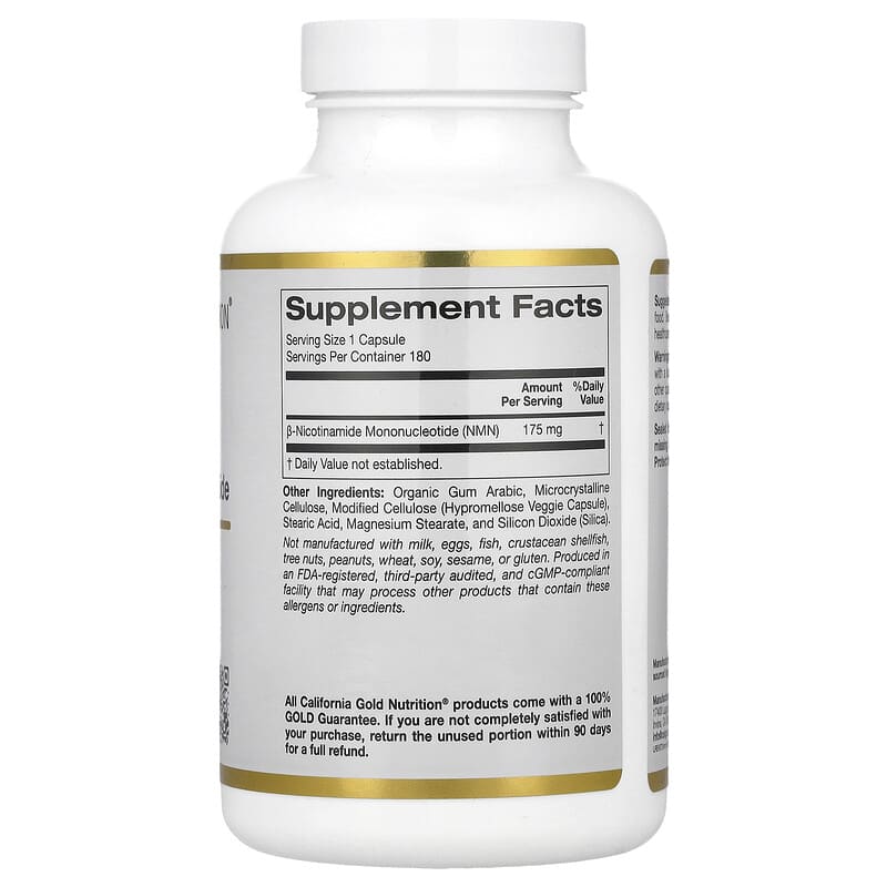Supplement bottle labeled 'NMN' by California Gold Nutrition on a white background