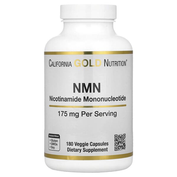 Supplement bottle labeled 'NMN' by California Gold Nutrition on a white background