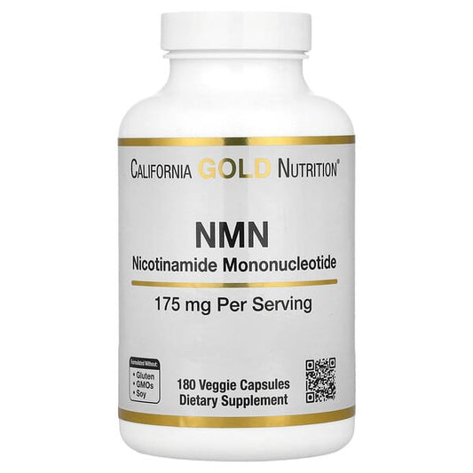Supplement bottle labeled 'NMN' by California Gold Nutrition on a white background