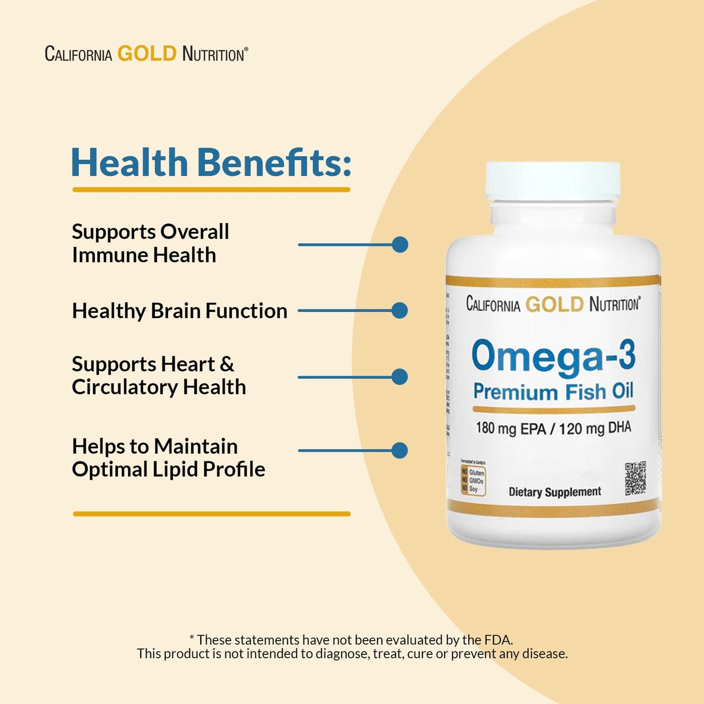 California Gold Nutrition Omega-3 supplement bottle with health benefits listed on a beige background