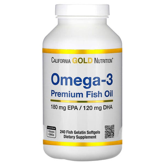 California Gold Nutrition Omega-3 Premium Fish Oil supplement bottle on a white background