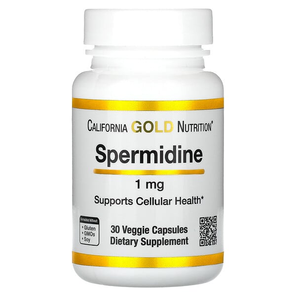Supplement bottle labeled 'Spermidine' by California Gold Nutrition on a white background