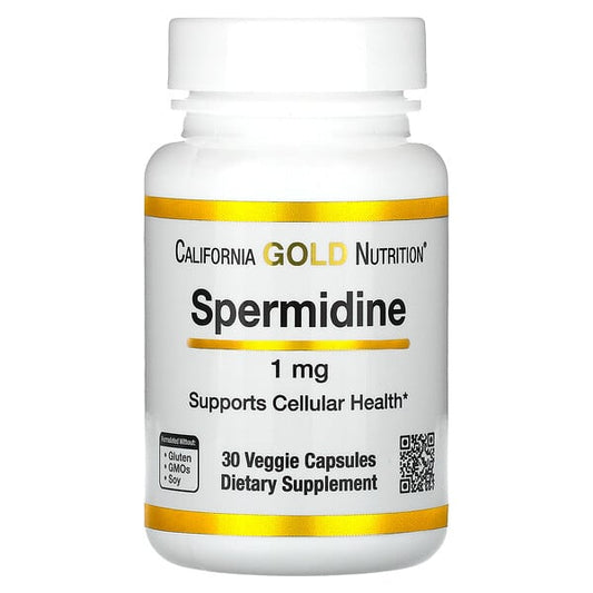 Supplement bottle labeled 'Spermidine' by California Gold Nutrition on a white background