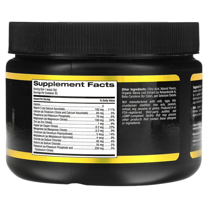 Black container of California Gold Nutrition Sport Electrolyte Powder with yellow and white text on a white background