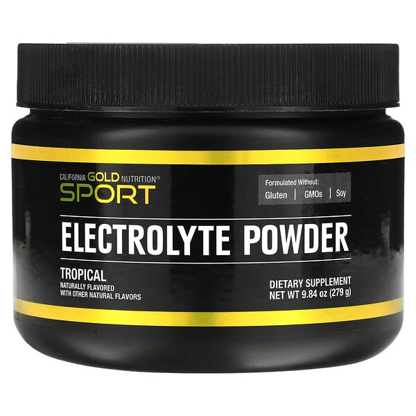 Black container of California Gold Nutrition Sport Electrolyte Powder with yellow and white text on a white background
