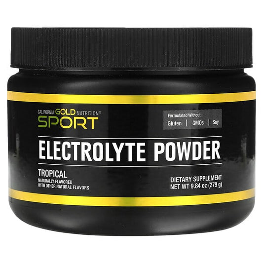 Black container of California Gold Nutrition Sport Electrolyte Powder with yellow and white text on a white background