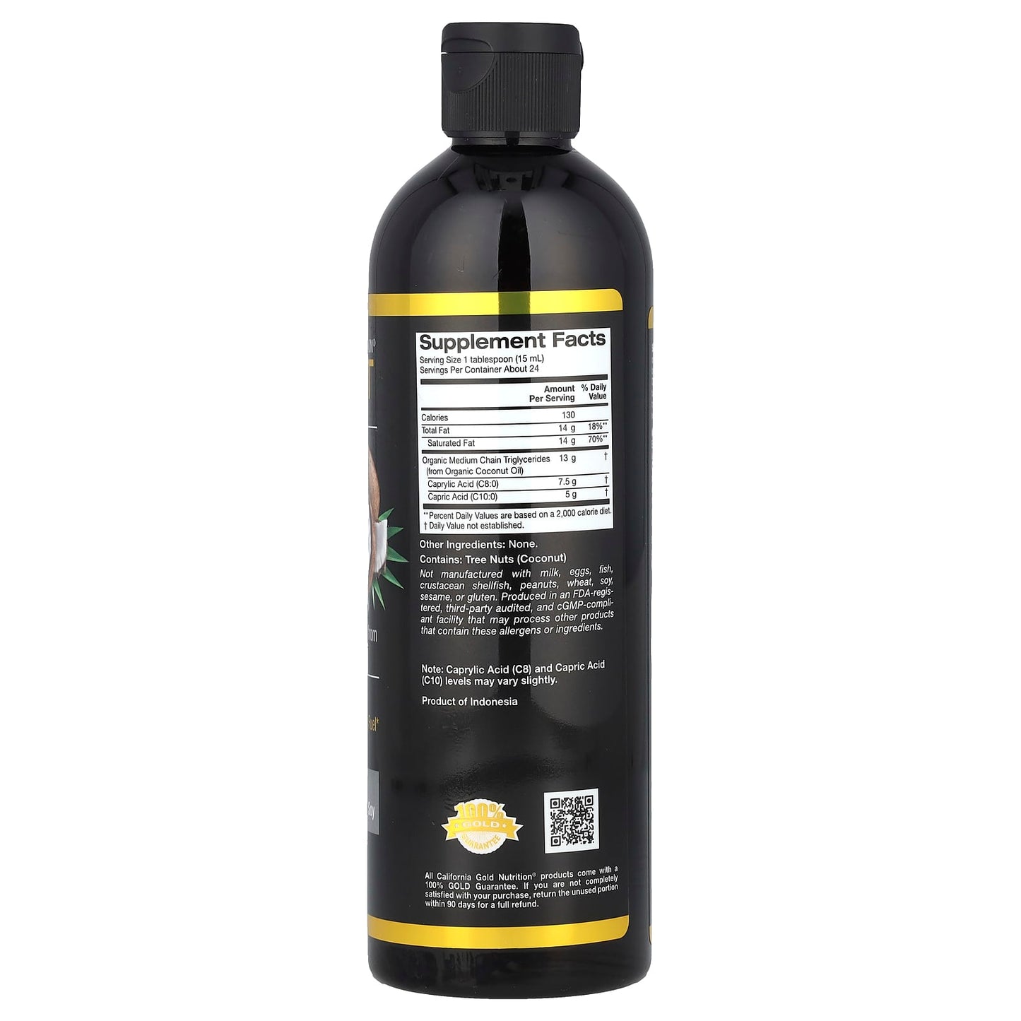 Black supplement bottle with label on a white background