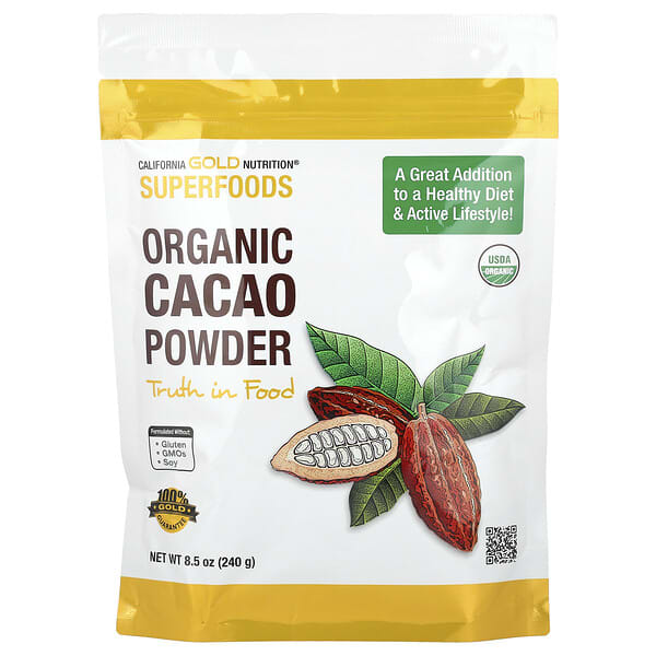 Bag of California Gold Nutrition Organic Cacao Powder with cacao bean illustration on a white background