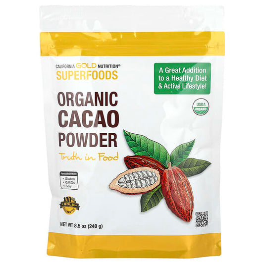 Bag of California Gold Nutrition Organic Cacao Powder with cacao bean illustration on a white background