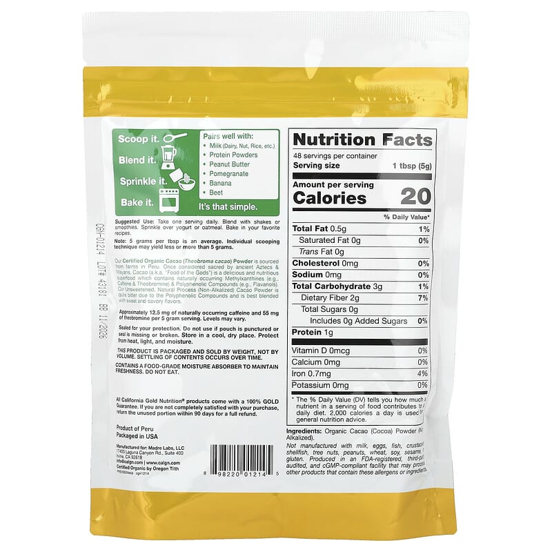 Bag of California Gold Nutrition Organic Cacao Powder with cacao bean illustration on a white background