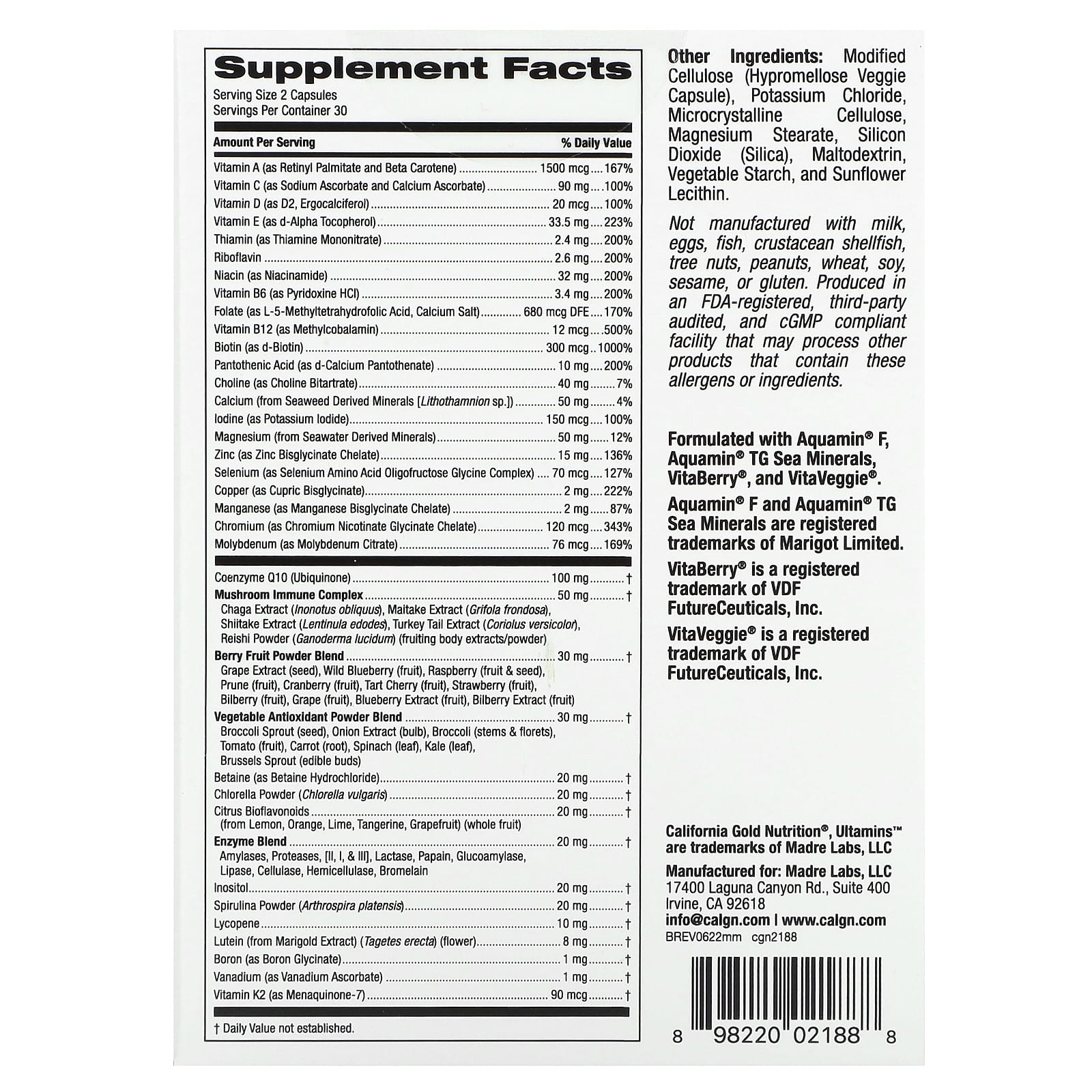 Supplement label with detailed ingredient list and nutritional information on a white background