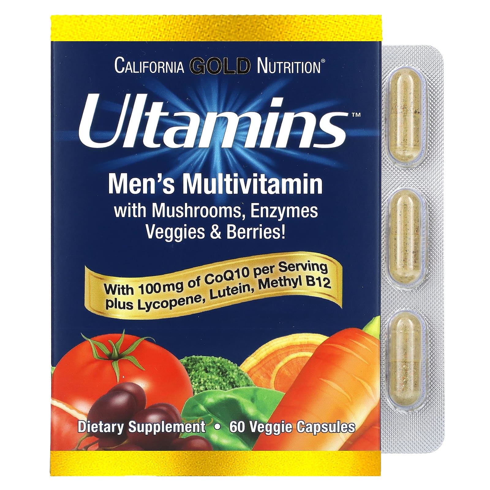 California Gold Nutrition Ultamins Men's Multivitamin packaging with capsules on a white background