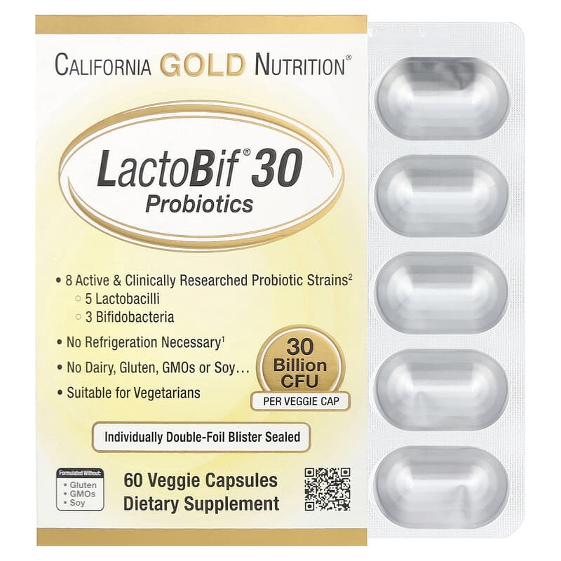 California Gold Nutrition LactoBif 30 Probiotics packaging with capsules on a white background