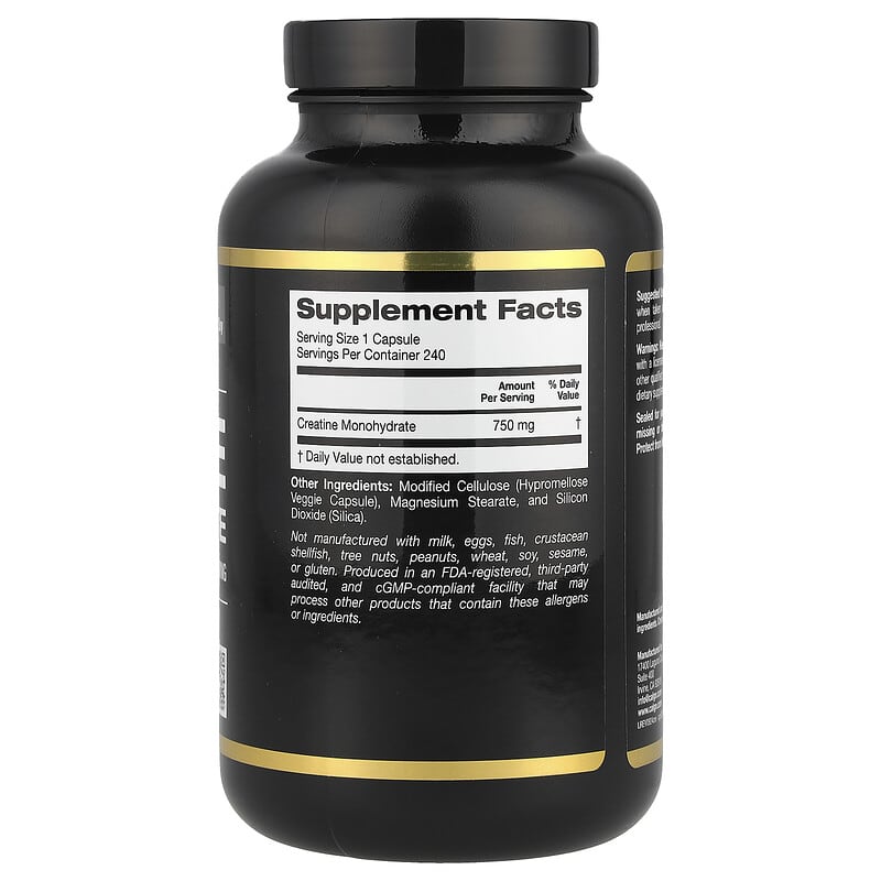 Black supplement bottle labeled 'Creatine Monohydrate' by California Gold Nutrition on a white background