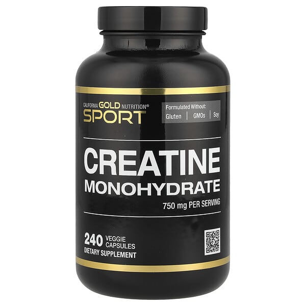 Black supplement bottle labeled 'Creatine Monohydrate' by California Gold Nutrition on a white background