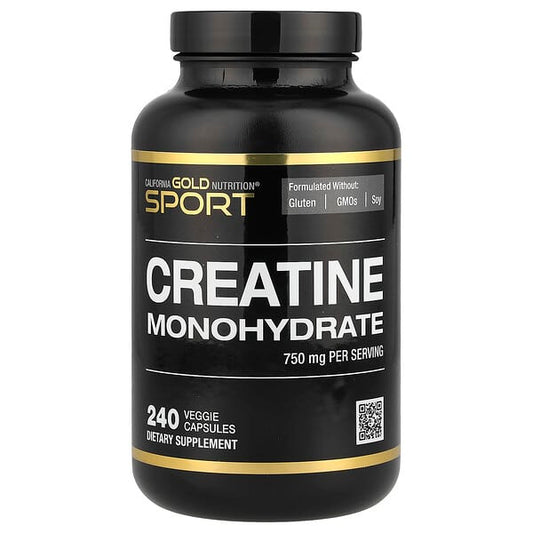 Black supplement bottle labeled 'Creatine Monohydrate' by California Gold Nutrition on a white background