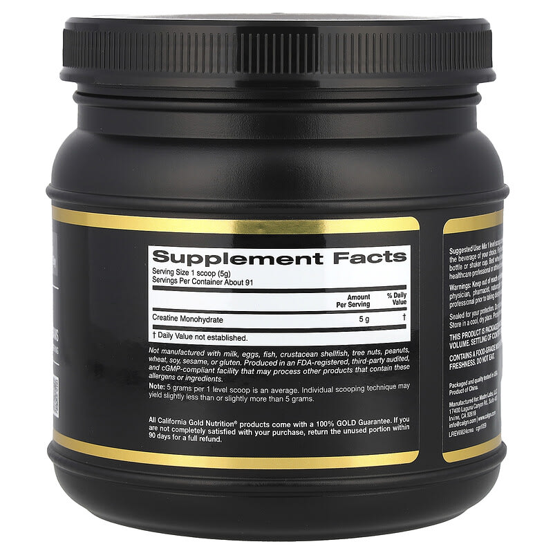 Black container of California Gold Nutrition Sport Creatine Monohydrate on a white background