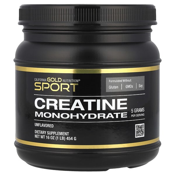 Black container of California Gold Nutrition Sport Creatine Monohydrate on a white background