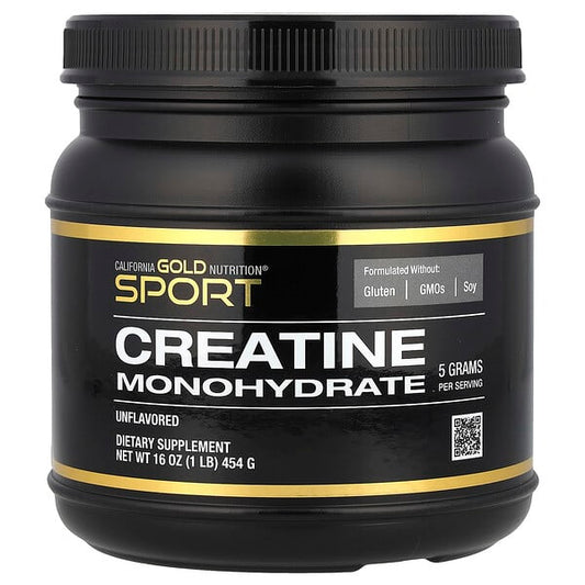 Black container of California Gold Nutrition Sport Creatine Monohydrate on a white background