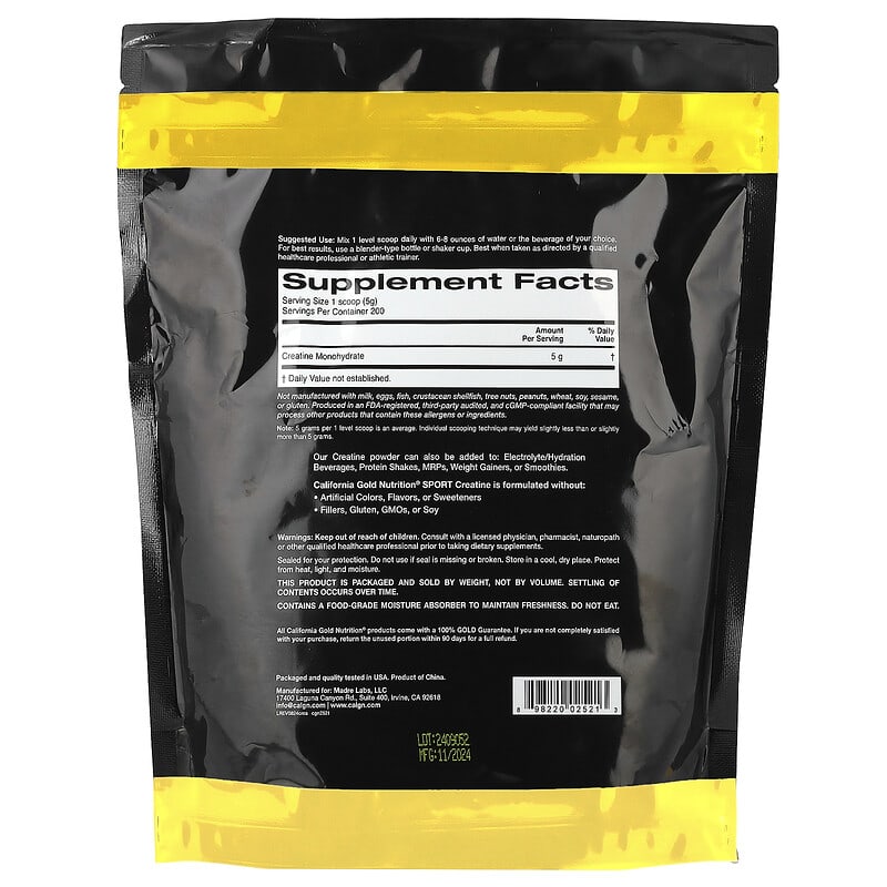 Black and yellow supplement package of Creatine Monohydrate by California Gold Nutrition on a white background