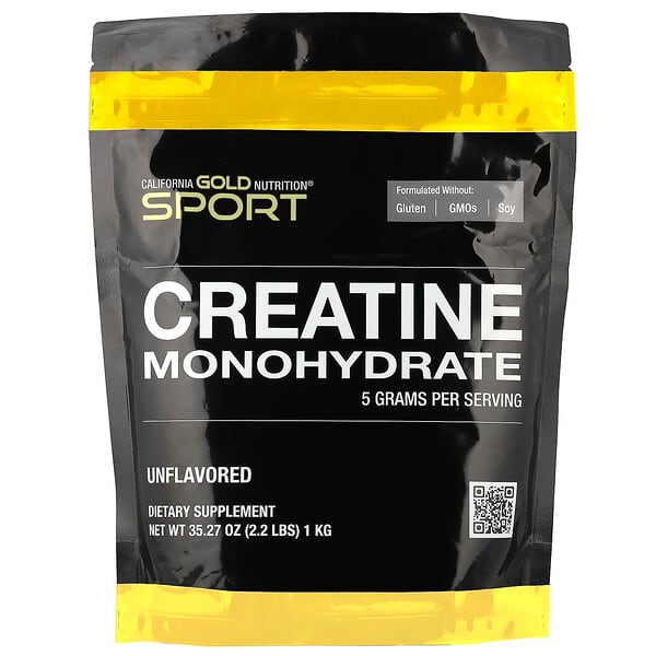 Black and yellow supplement package of Creatine Monohydrate by California Gold Nutrition on a white background