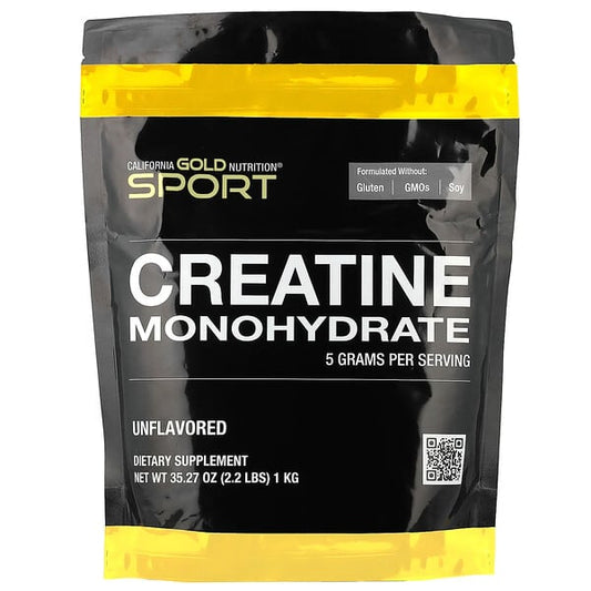 Black and yellow supplement package of Creatine Monohydrate by California Gold Nutrition on a white background