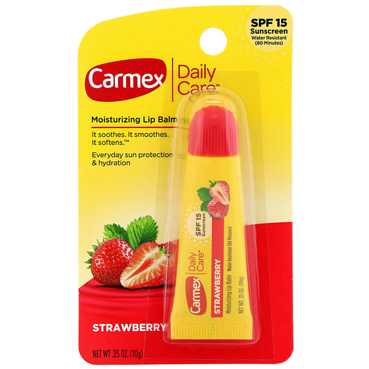 Carmex Strawberry lip balm packaging with SPF 15 on a white background