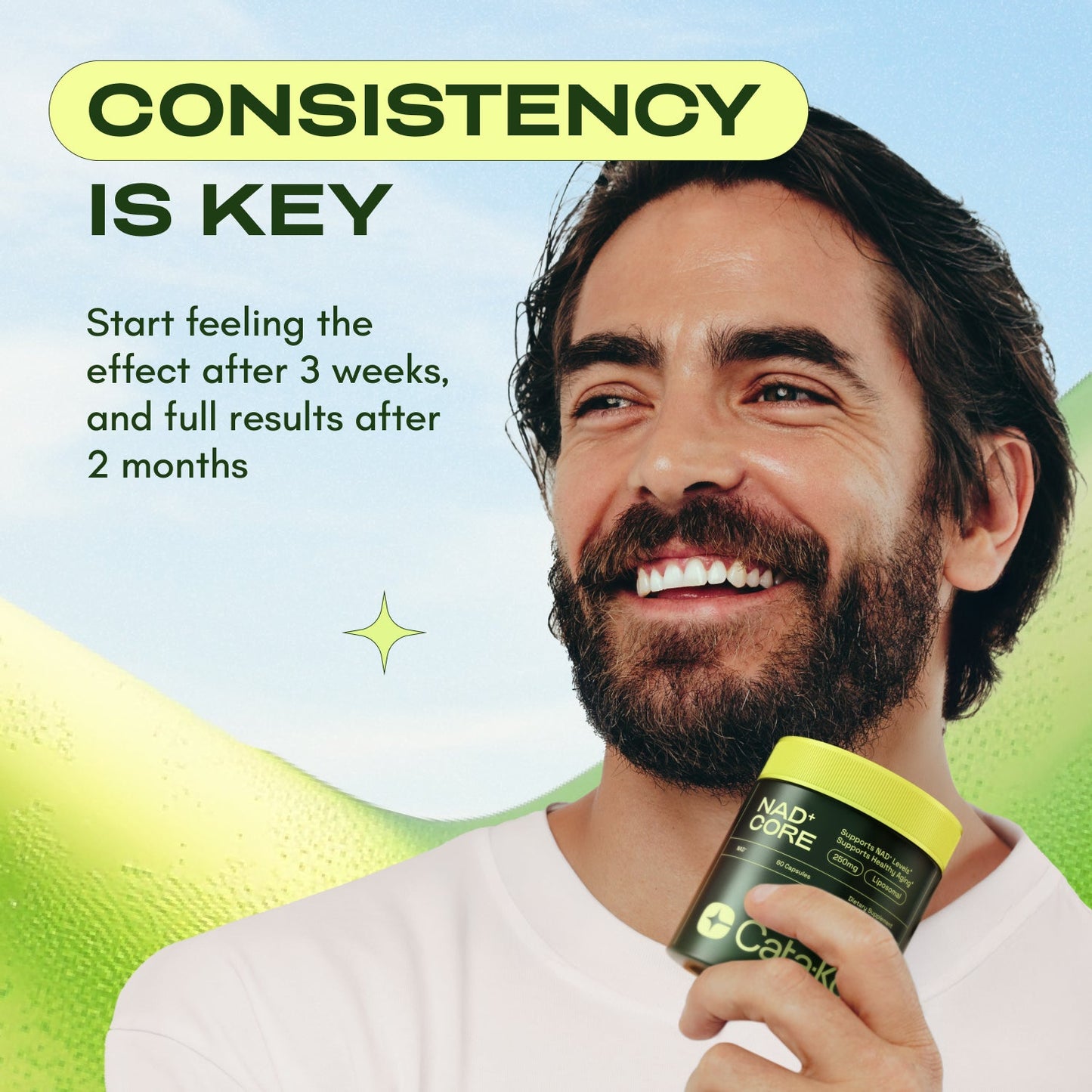 Man holding a supplement NAD in a container with text about consistency and results on a colorful background