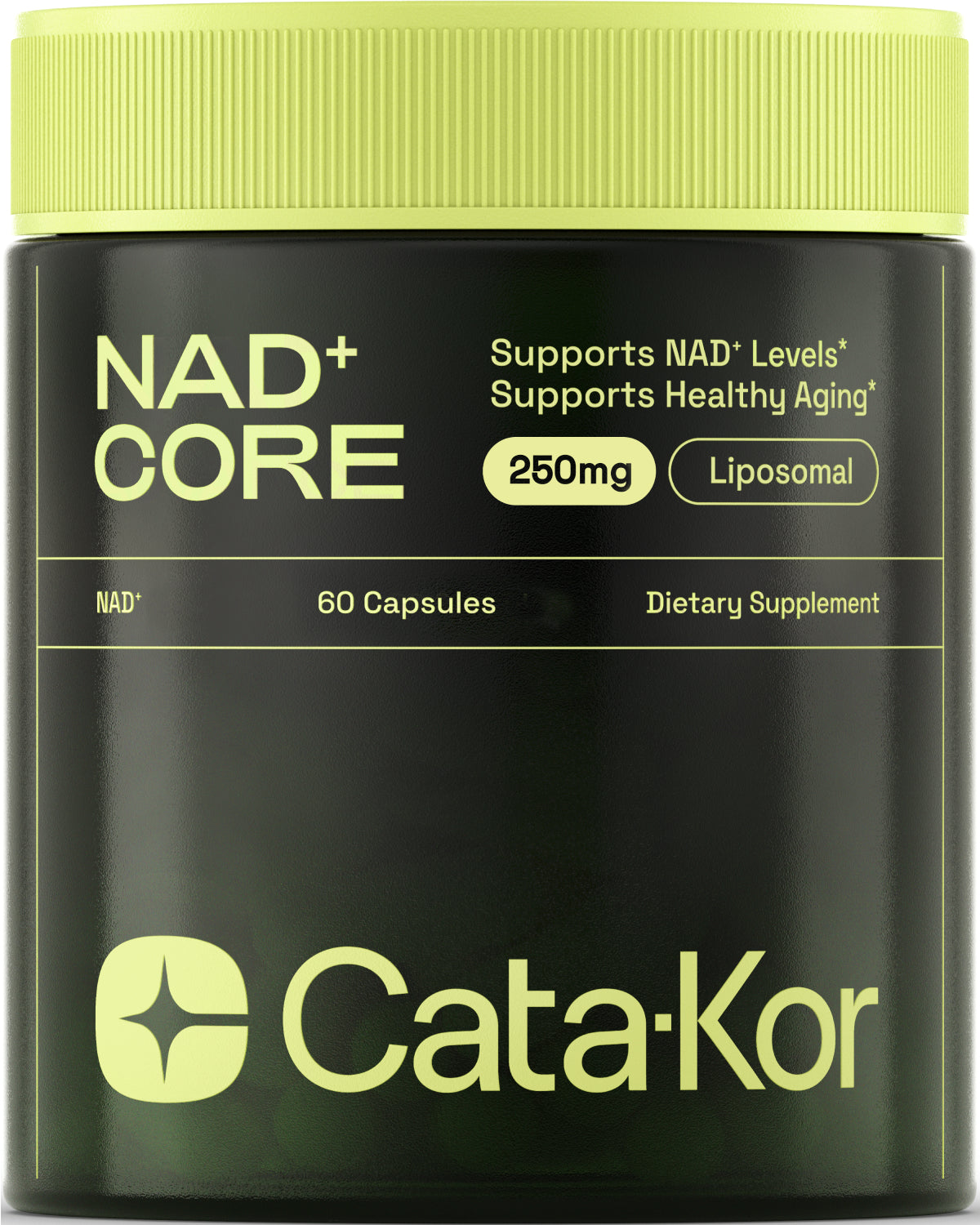 Supplement container labeled 'NAD+ Core' by Cata-Kor with a green lid and text.