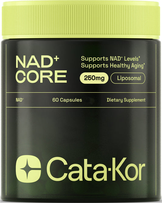 Supplement container labeled 'NAD+ Core' by Cata-Kor with a green lid and text.