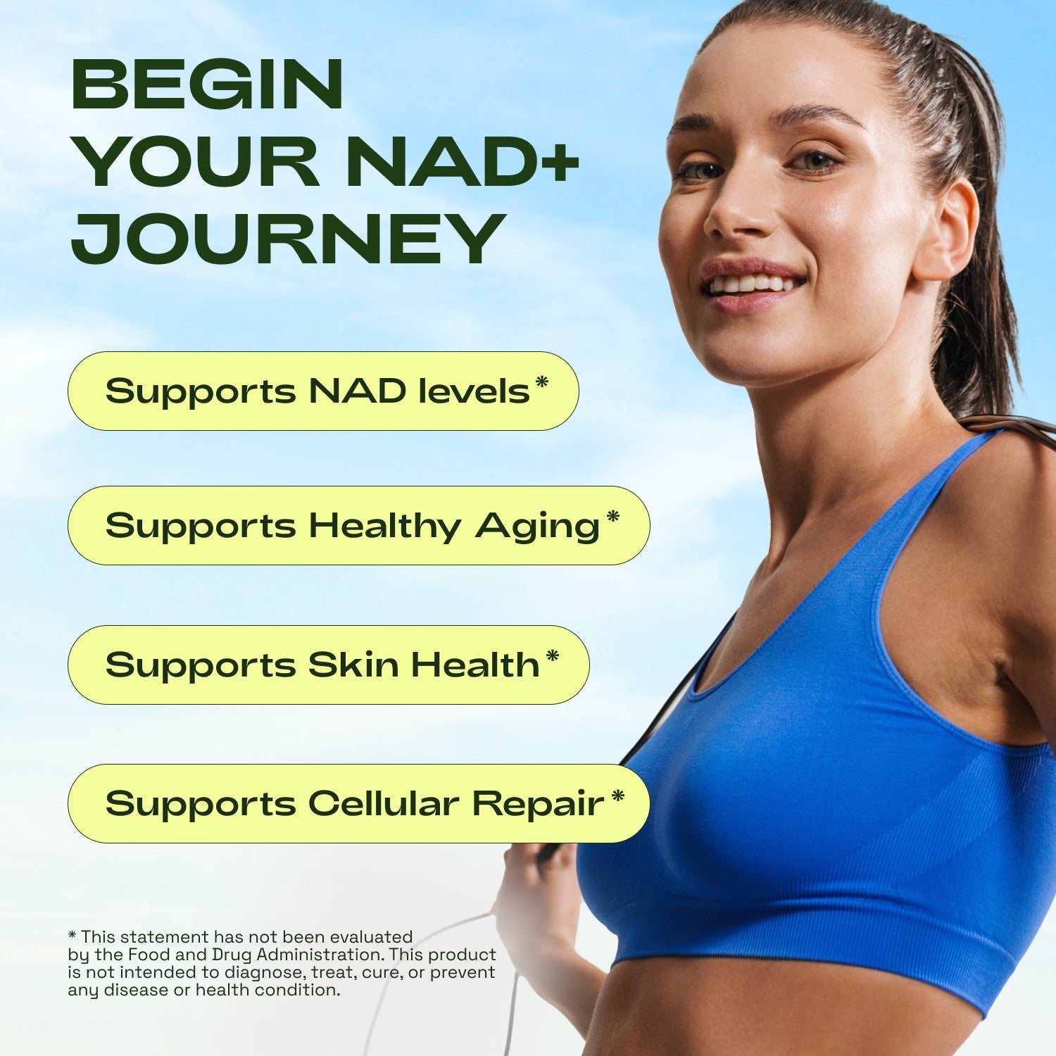 Woman in blue sports bra with text about NAD+ benefits on a light blue background