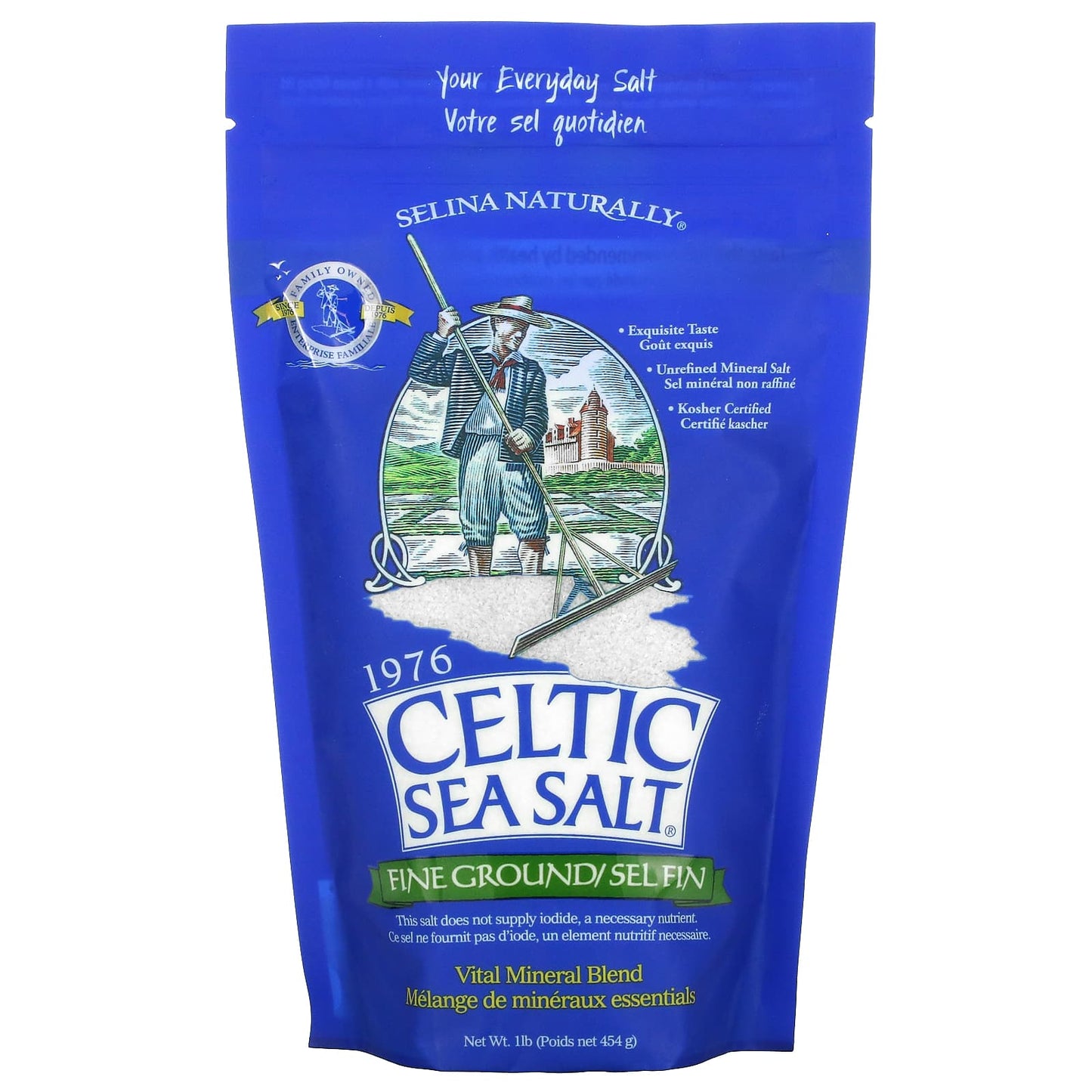 Blue package of Celtic Sea Salt with branding and text on a white background