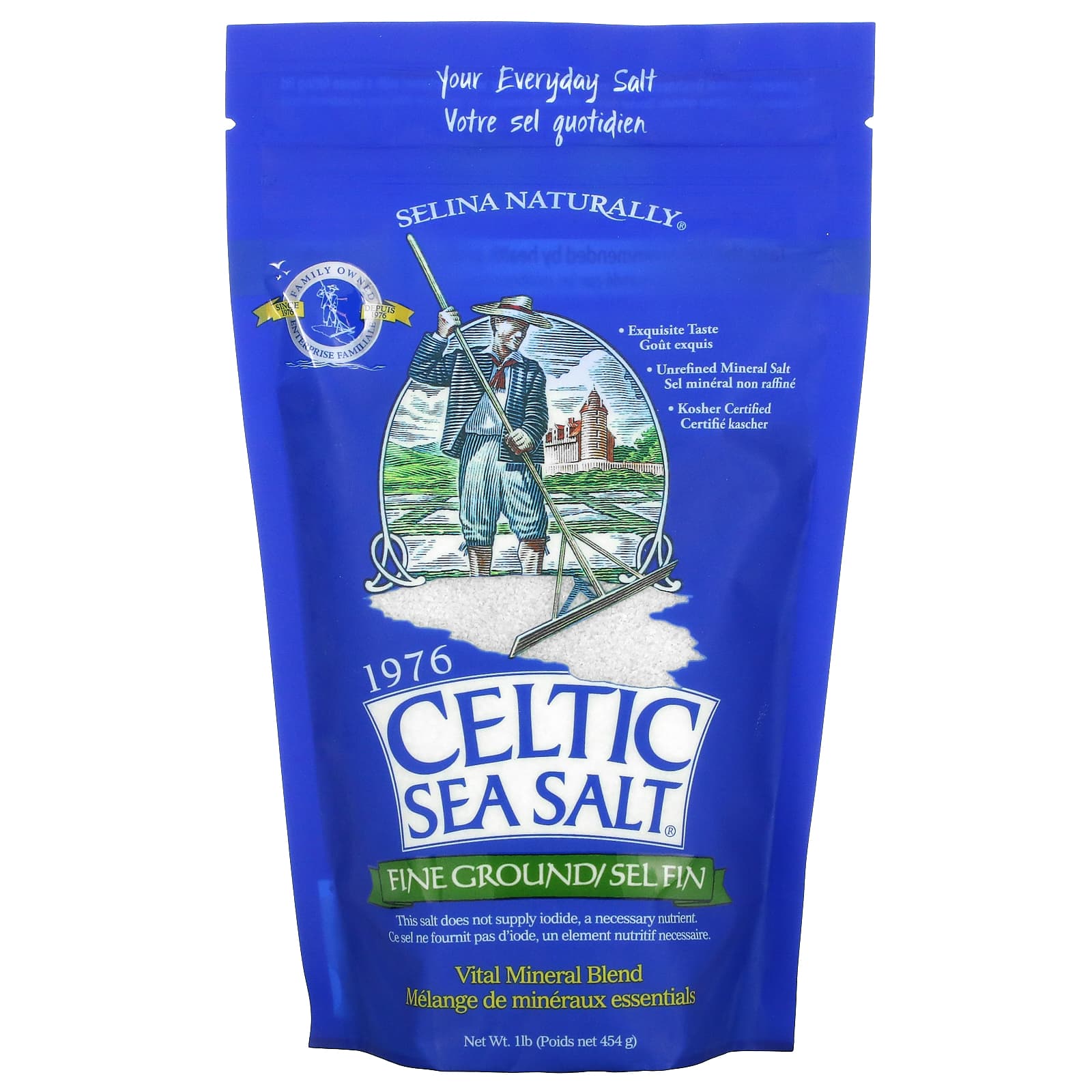 Blue package of Celtic Sea Salt with branding and text on a white background