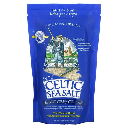 Blue package of Celtic Sea Salt with branding and product details on a white background