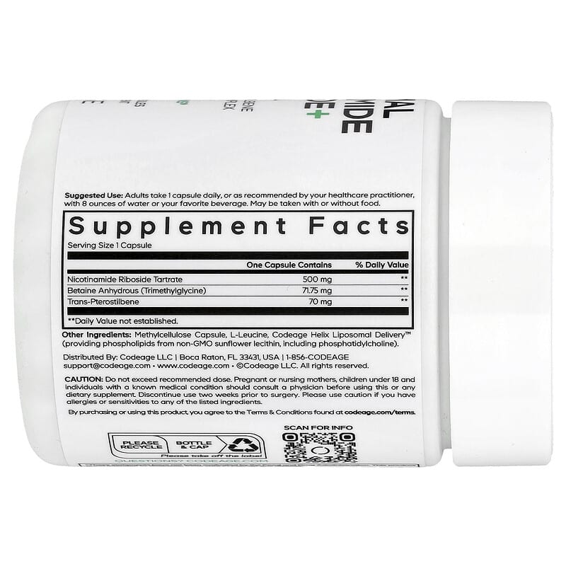 Supplement container labeled 'Liposomal Nicotinamide Riboside+ Eternal' by Codeage on a white background