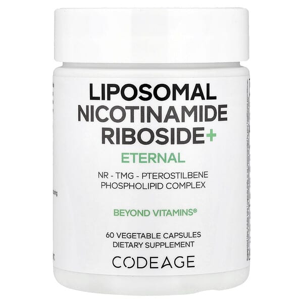 Supplement container labeled 'Liposomal Nicotinamide Riboside+ Eternal' by Codeage on a white background