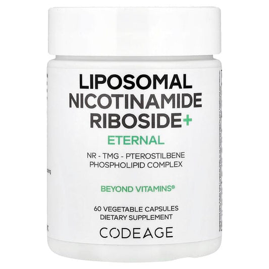 Supplement container labeled 'Liposomal Nicotinamide Riboside+ Eternal' by Codeage on a white background